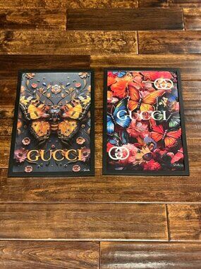 Gucci Butterfly Floral Framed Art Prints 11x17 Set of 2 Black Frame Wall Decor